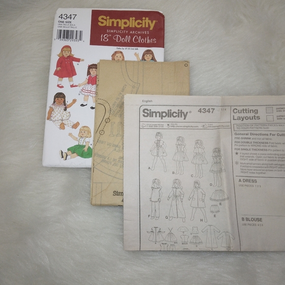 SIMPLICITY 4347 Simplicity Archives 18" doll clothes, fits American Girl… - Picture 3 of 5
